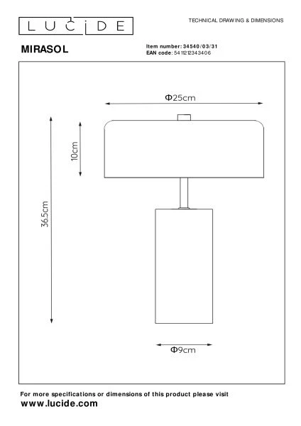 Lucide MIRASOL - Lampe de table - Ø 25 cm - 3xG9 - Blanc - technique